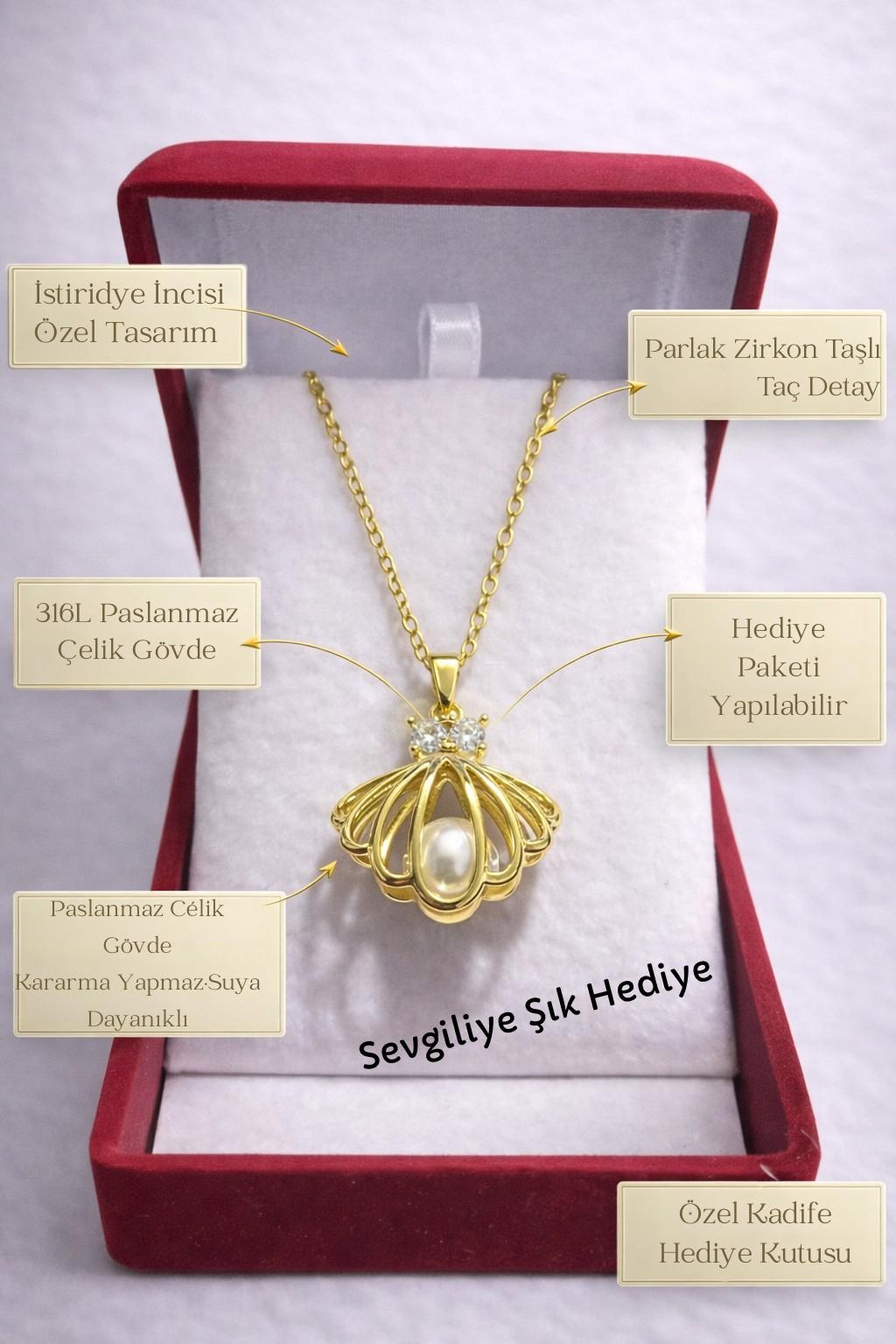 İstiridye Figürlü Kolye – Zirkon Taşlı, Kadife Kutulu Kadın Kolye