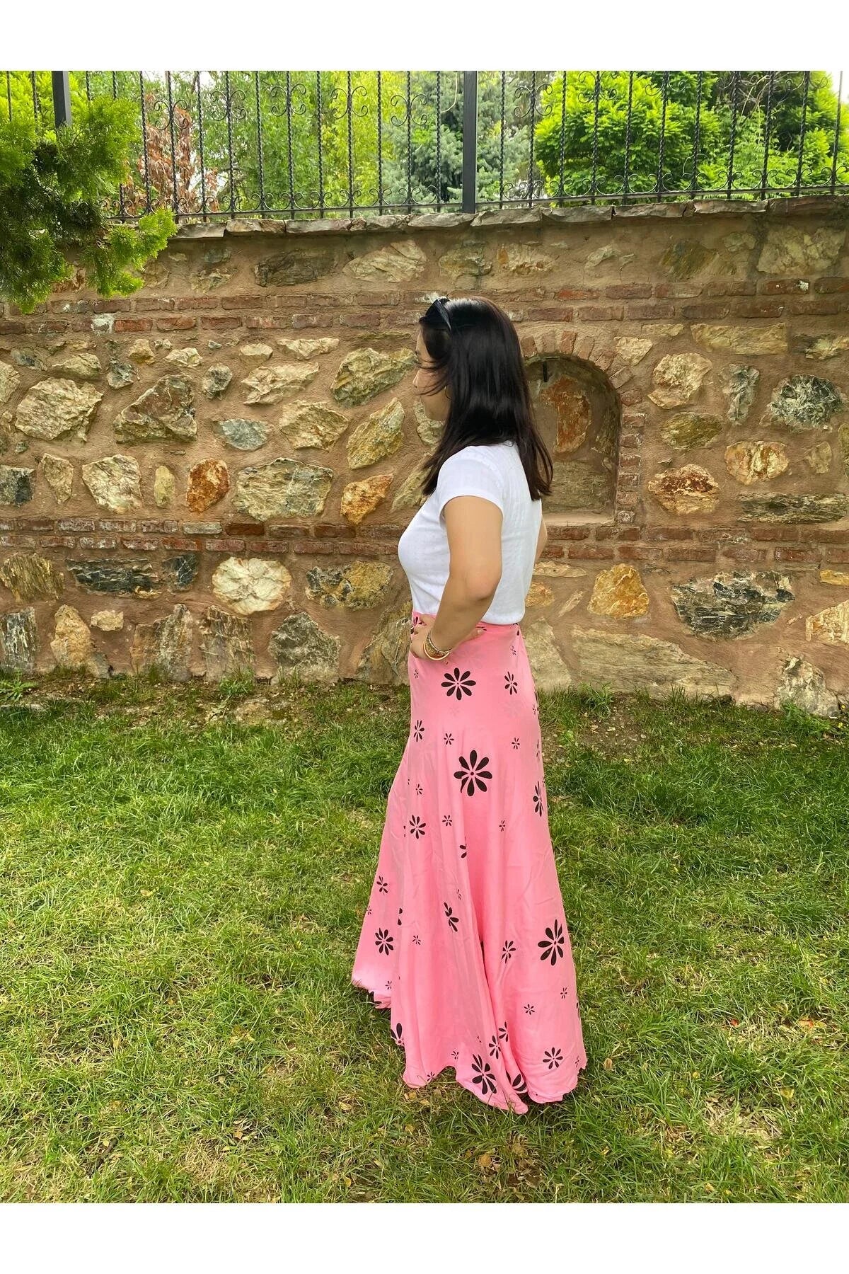 Pembe Çiçek Desenli Sarma Etek – 36-50 Beden Uyumlu