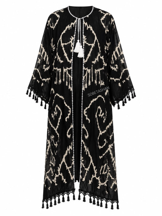 Etnik Desenli Siyah Kimono