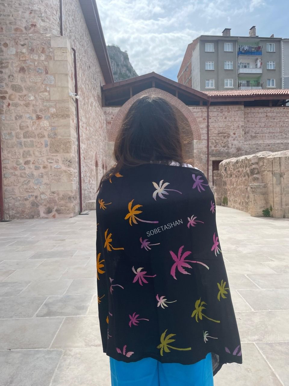 Siyah Palmiye Desenli Şal