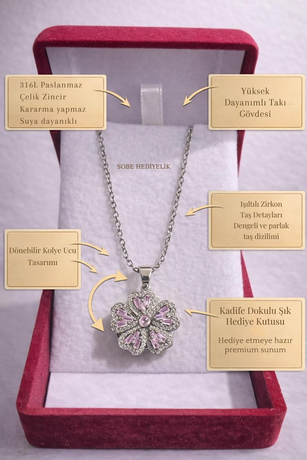 Dönebilir Çiçek Kolye – Kadife Hediye Kutulu