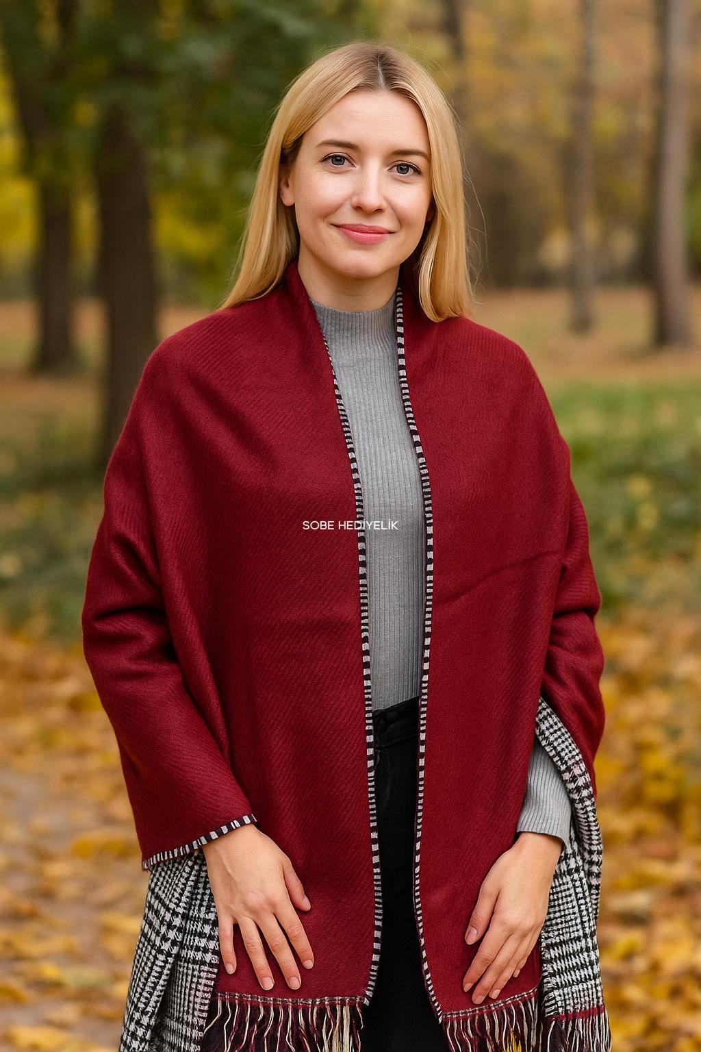 Kışlık Yünlü Çift Taraflı Ekose Şal - Bordo