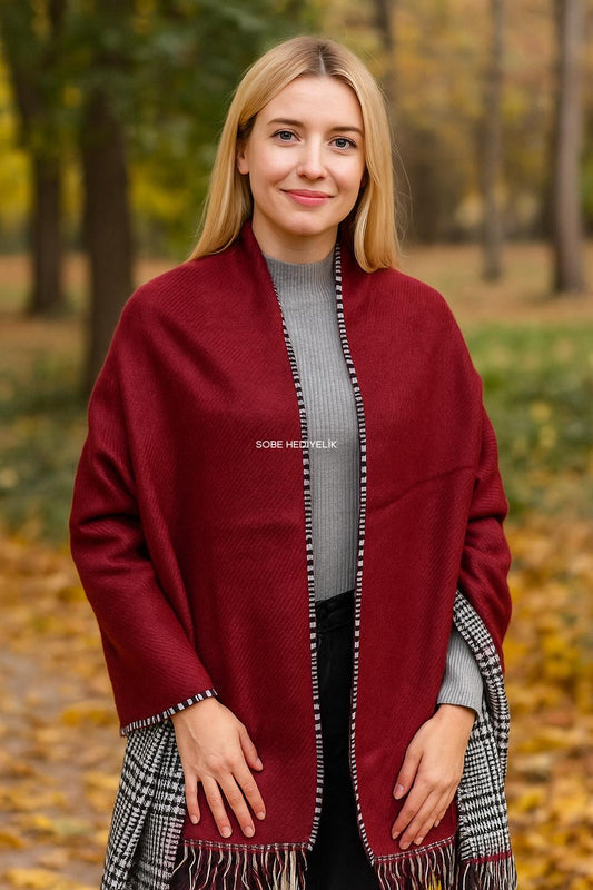 Kışlık Yünlü Çift Taraflı Ekose Şal - Bordo