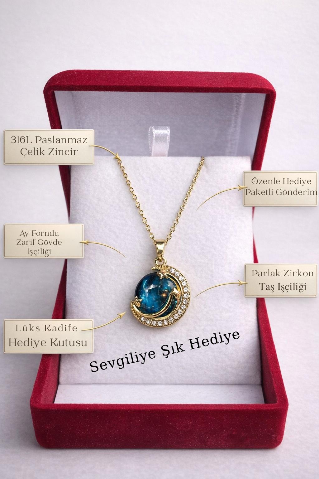 Çelik Ay Kolye – Kadife Kutulu Kadın Kolye