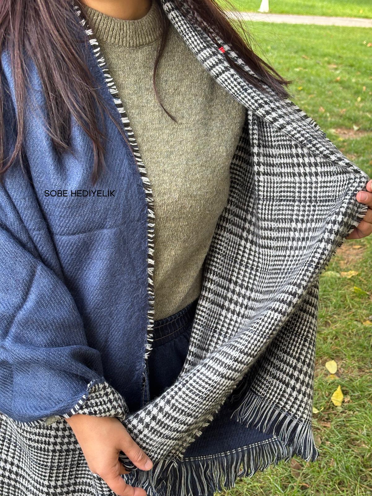 Kışlık Yünlü Çift Taraflı Ekose Şal - Mavi