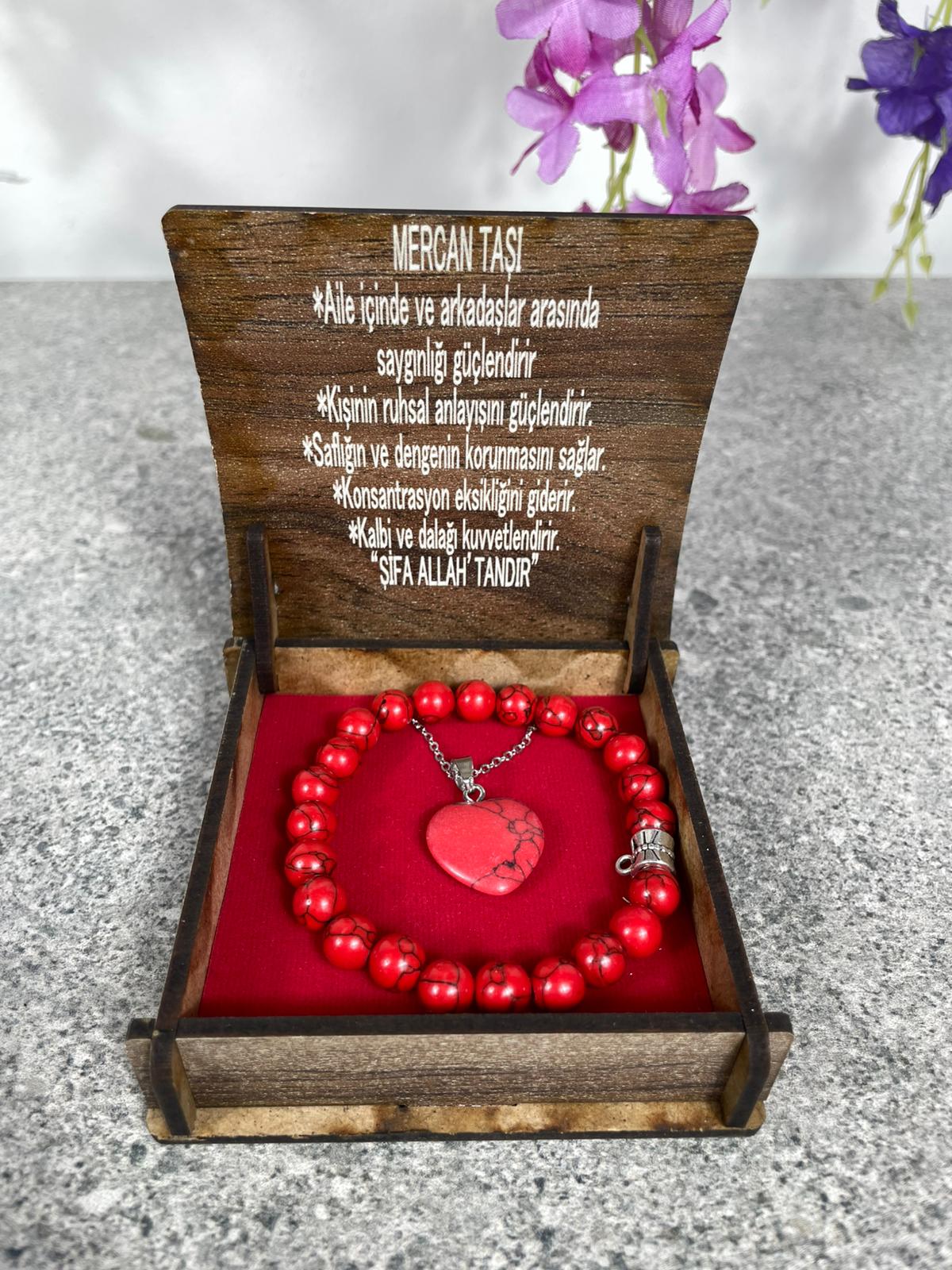 Mercan Taşı Bileklik & Kolye Seti - Şık Ahşap Kutulu