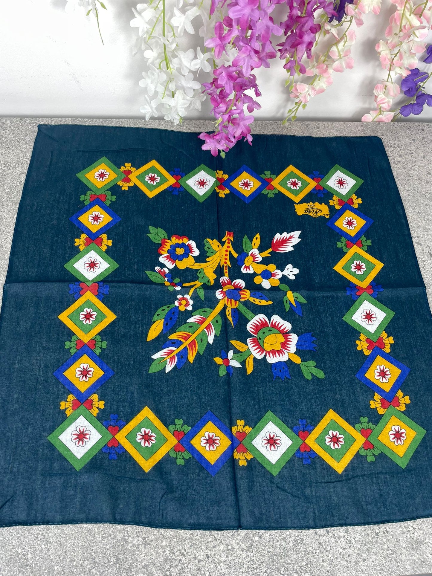 Petrol Mavisi Çengelköy Desen Bandana – 55×55 cm