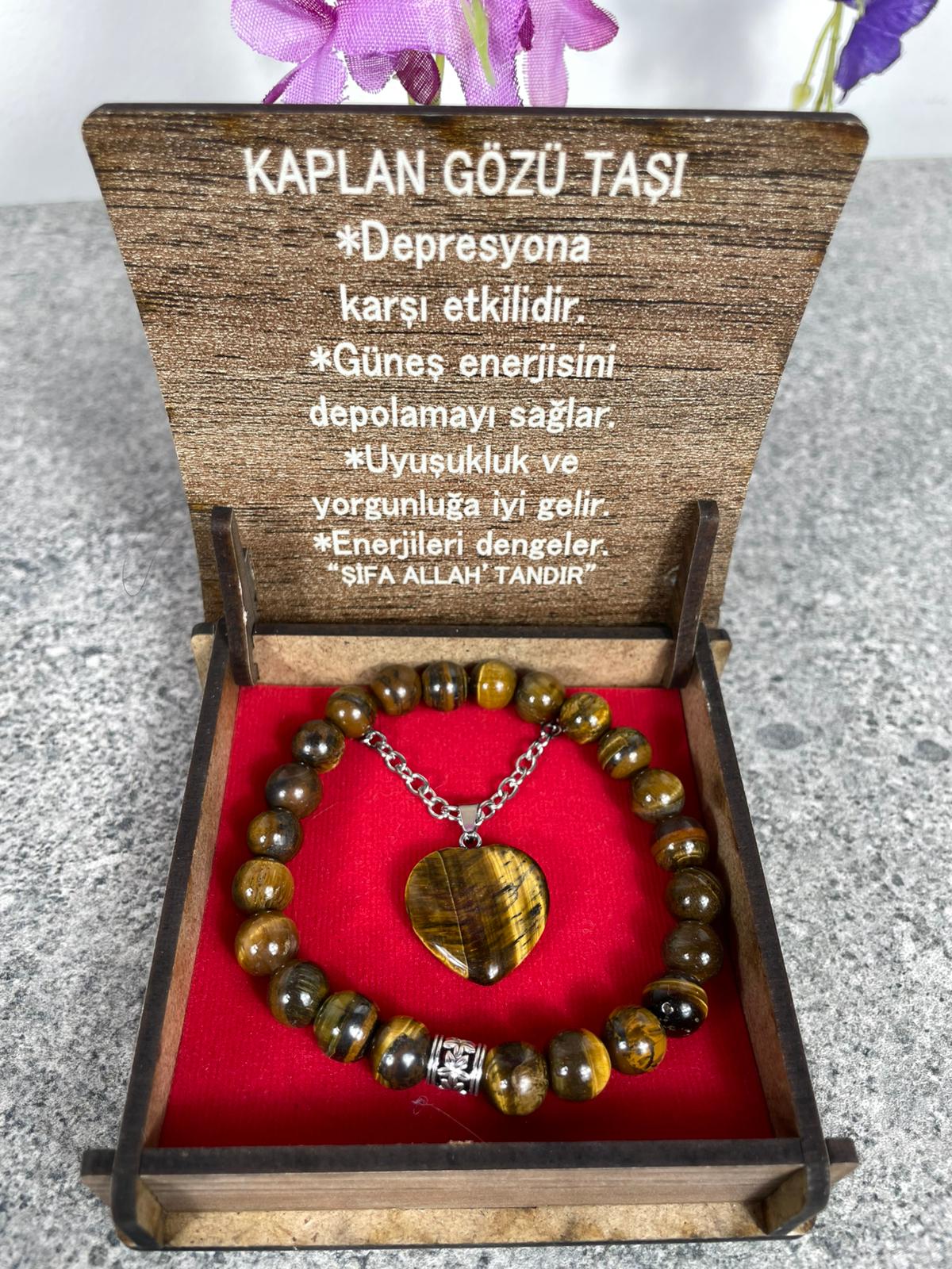 Kaplan Gözü Doğal Taş Kolye & Bileklik Seti – Özel Ahşap Kutulu