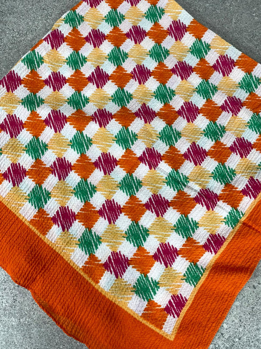 Turuncu Kraş Dokulu Renkli Geometrik Desenli Yazma
