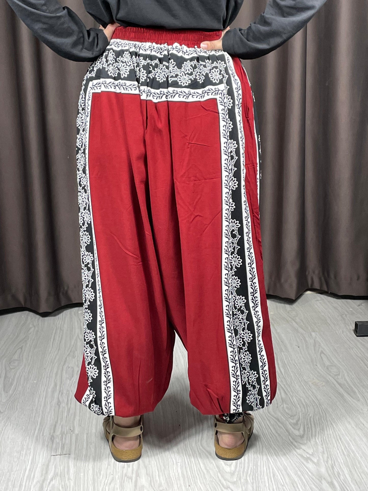 Bordo Etnik Desenli Rahat Kesim Şalvar