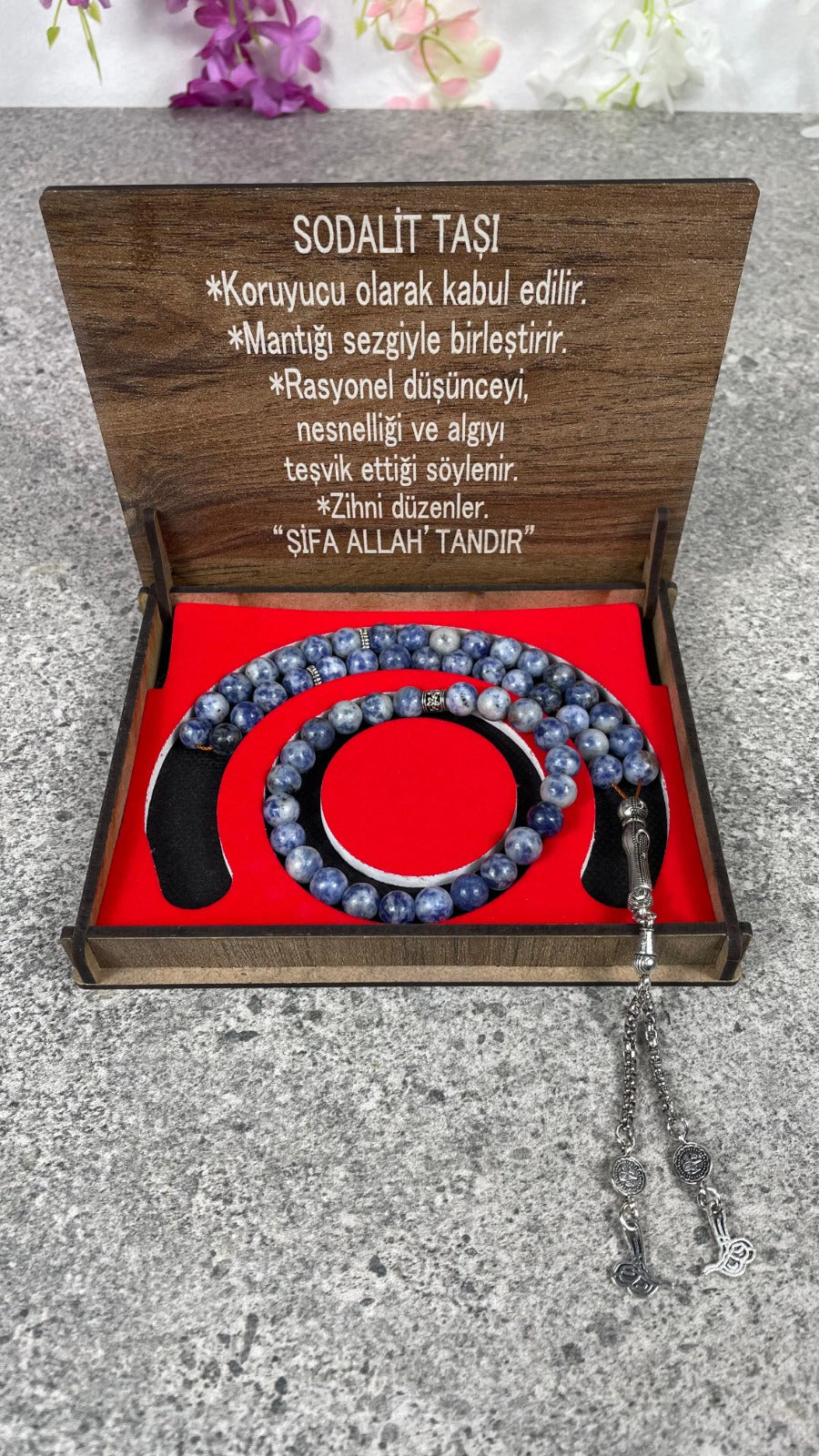 Sodalit Taşı Tesbih & Bileklik Seti - Şık Ahşap Kutulu
