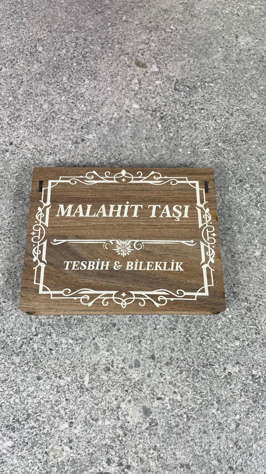 Malahit Taşı Tesbih & Bileklik Seti - Şık Ahşap Kutulu