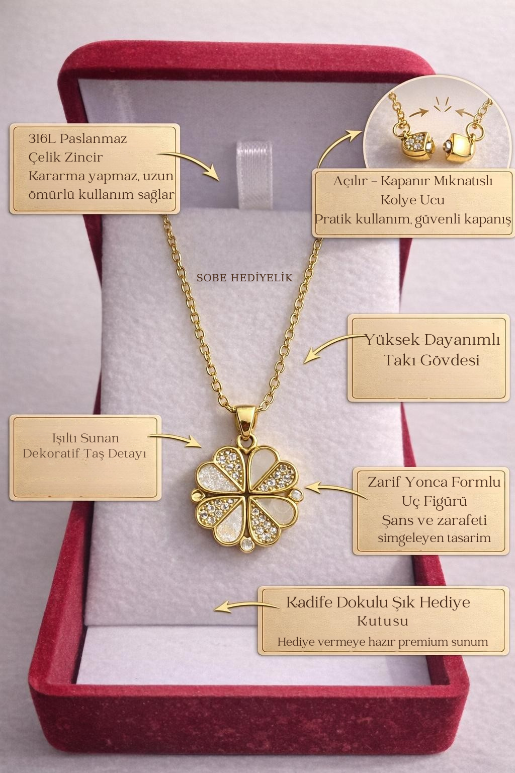 Açılır Kapanır Yonca Kolye – Kadife Kutulu