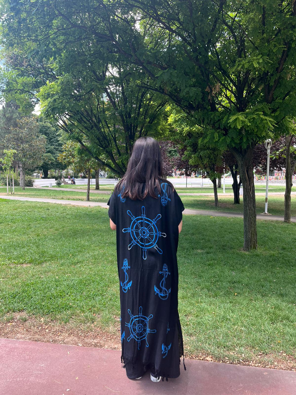 Siyah Mavi Çapa Desenli Kaftan Kimono