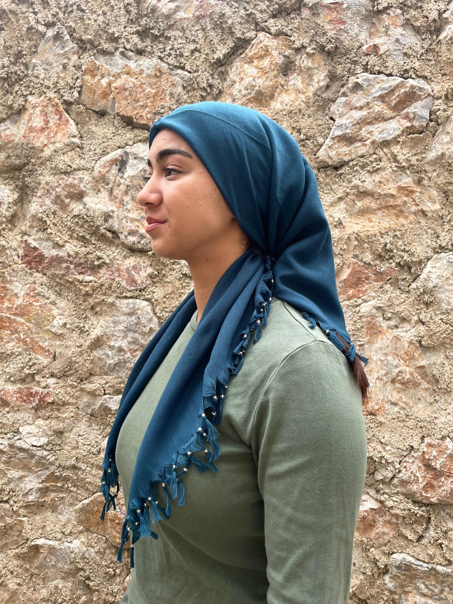 Püsküllü Pamuklu Yazma - Petrol Mavisi