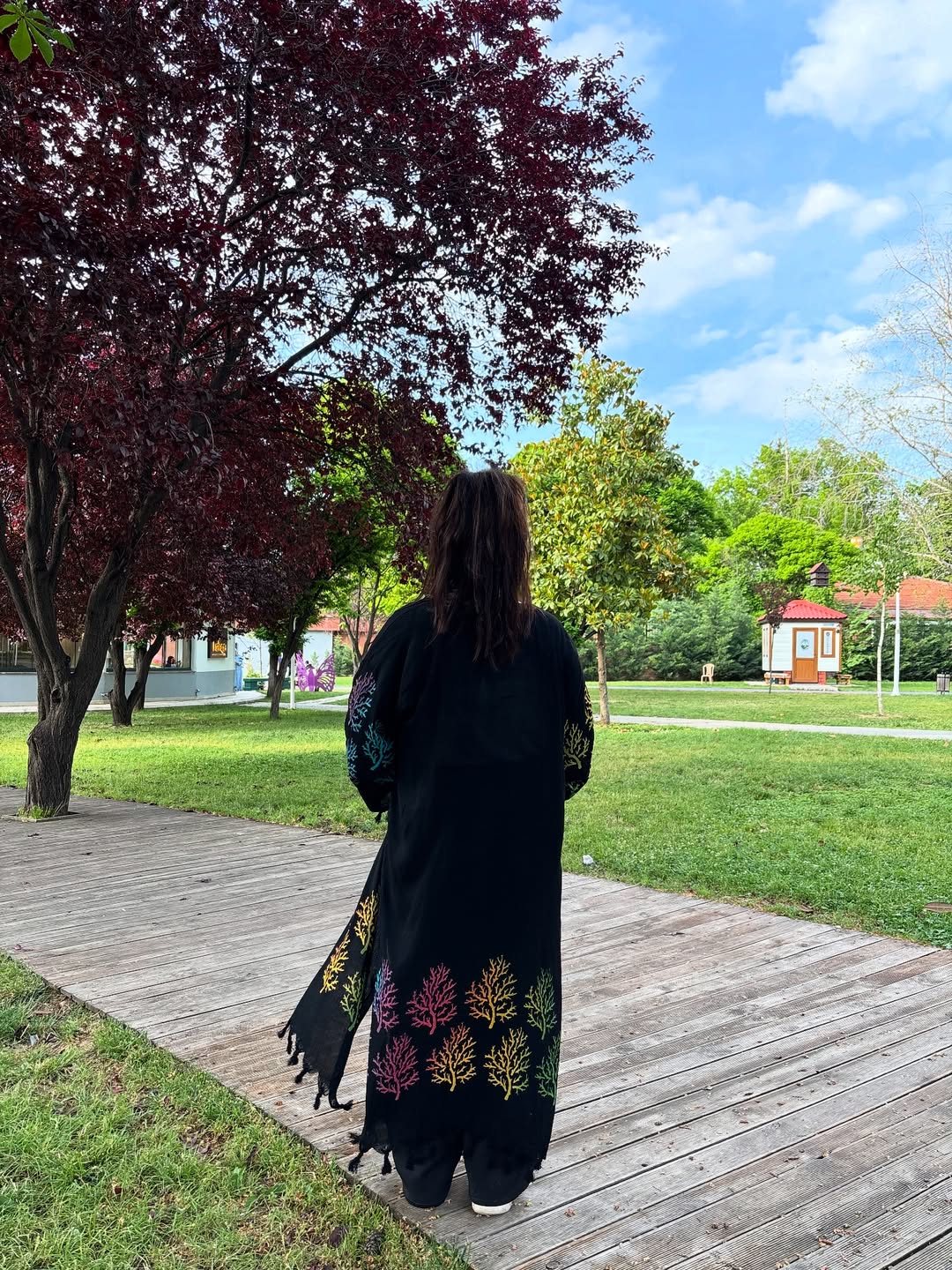 Siyah Mercan Desenli Kaftan Kimono