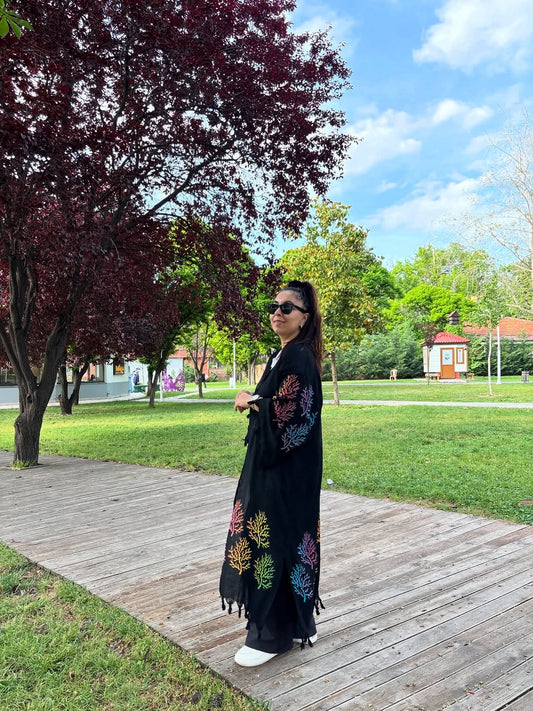 Siyah Mercan Desenli Kaftan Kimono