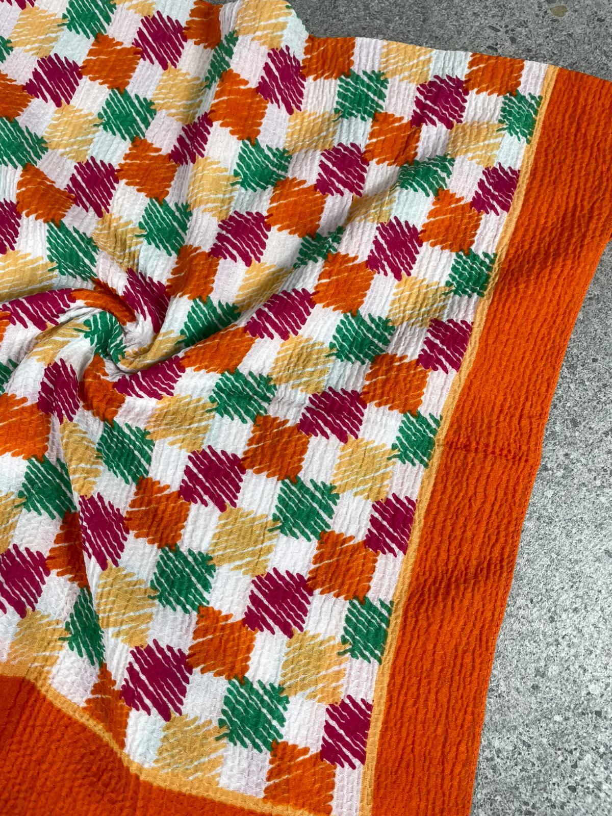 Turuncu Kraş Dokulu Renkli Geometrik Desenli Yazma