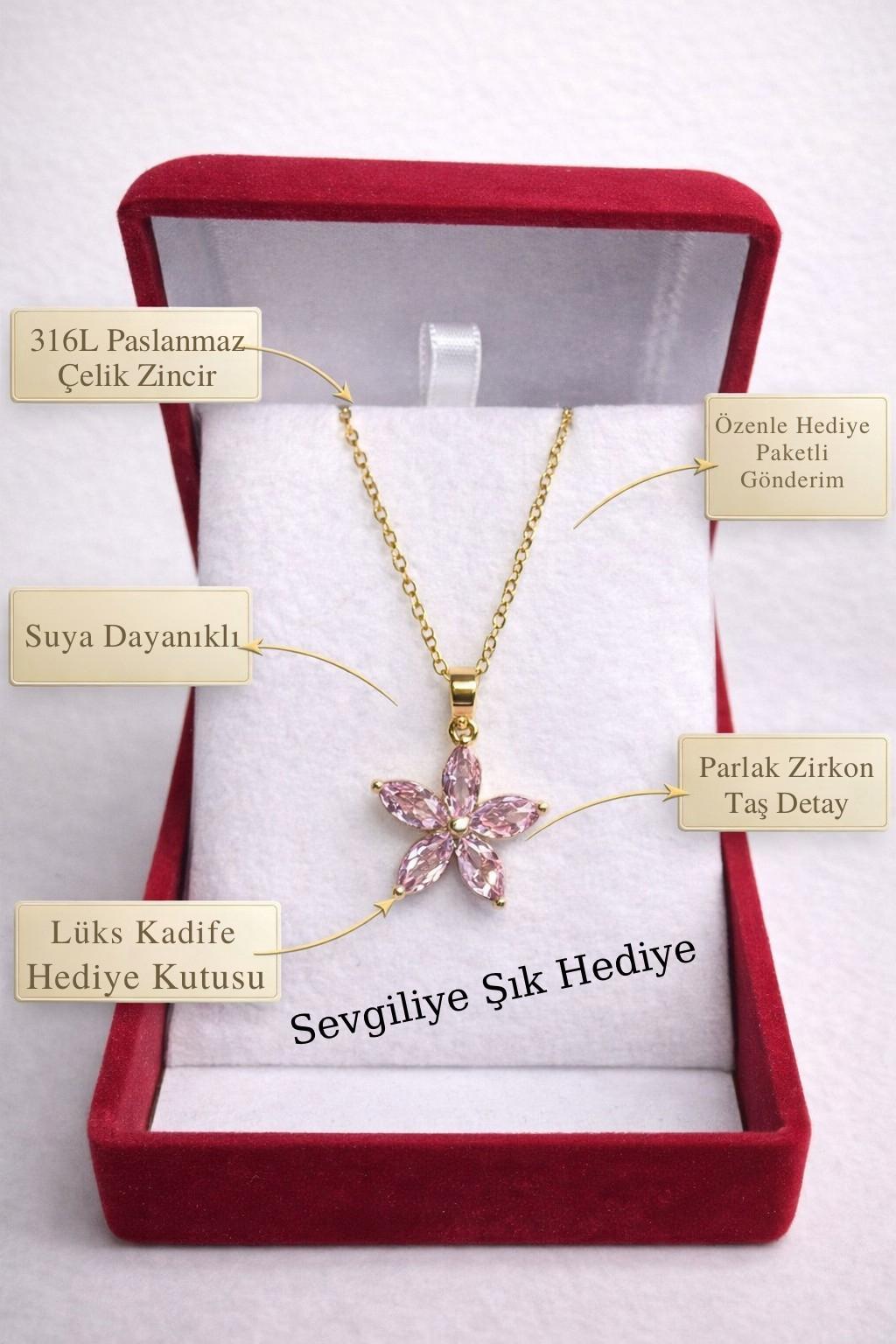 Çiçek Figürlü Kolye – Kadife Kutulu Kadın Kolye