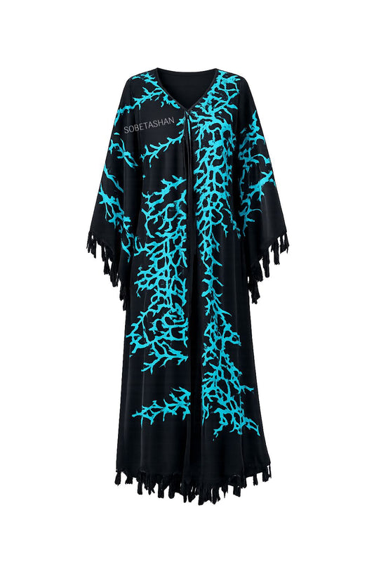 Siyah Turkuaz Desenli Kaftan Kimono