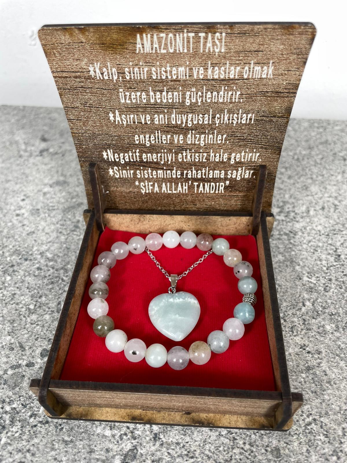 Amazonit Taşı Kolye & Bileklik Seti – Özel Ahşap Kutulu