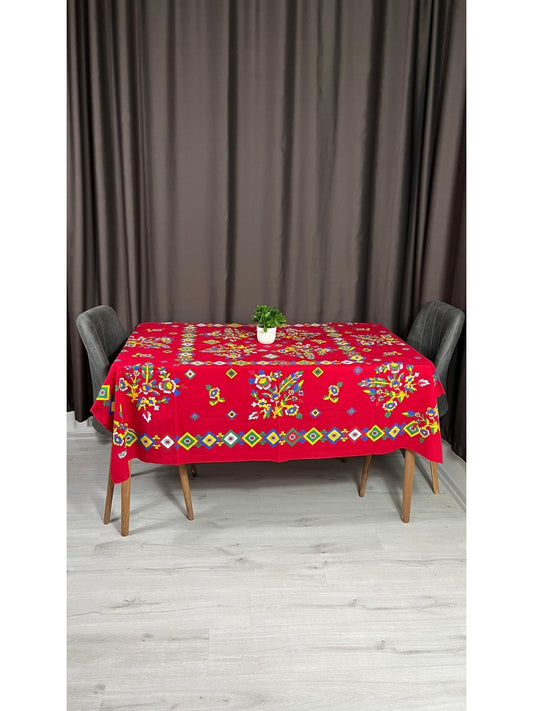 Yöresel Tokat Çiçek Desenli 170x170 Kare Masa Örtüsü - Kırmızı