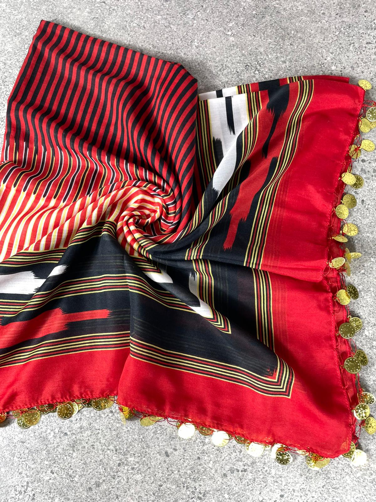 Kırmızı Siyah Desenli Pullu Yöresel Yazma – 100x100 cm | Karadeniz Modeli Çeyizlik & Günlük Başörtüsü