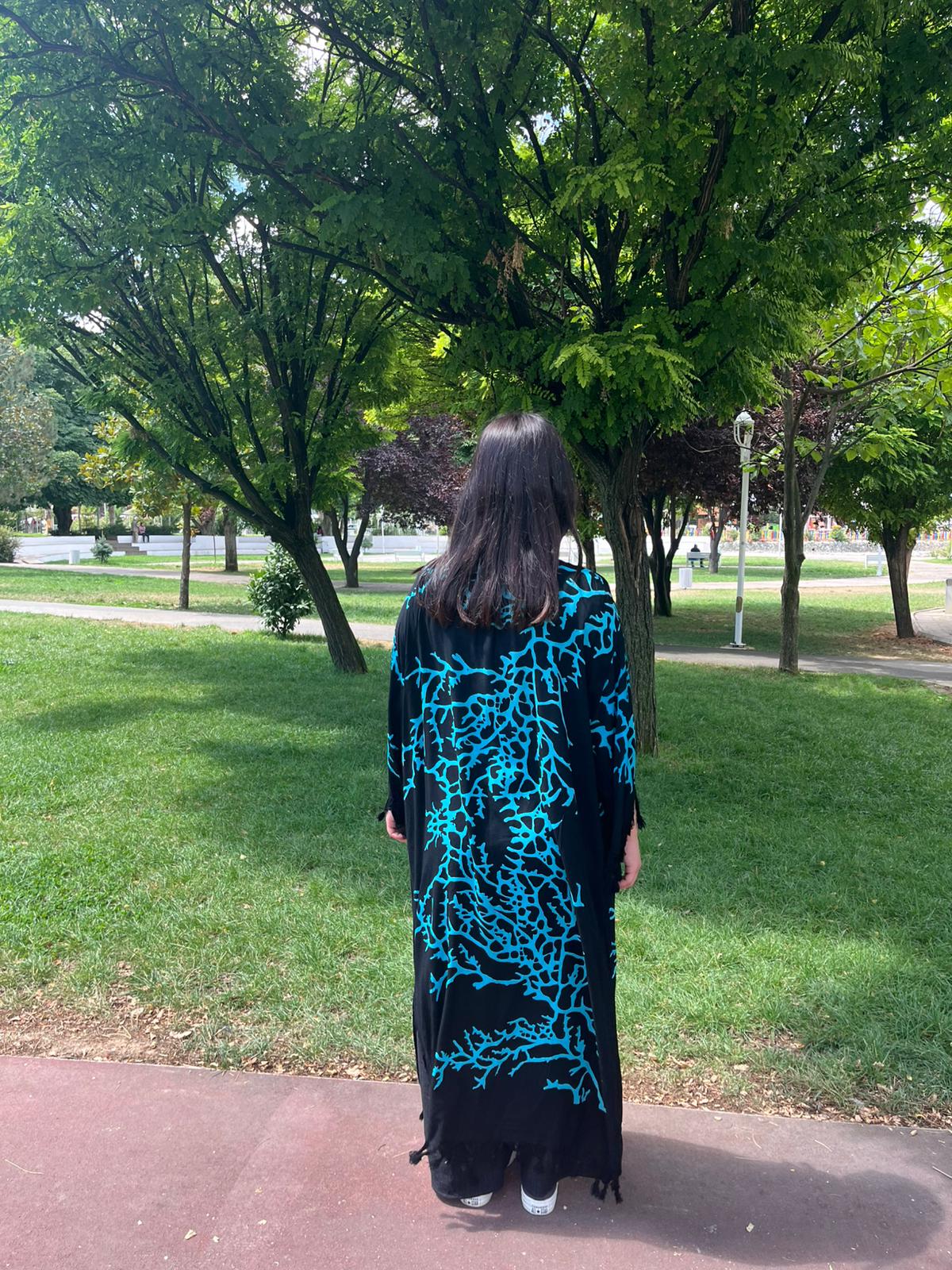 Siyah Turkuaz Desenli Kaftan Kimono