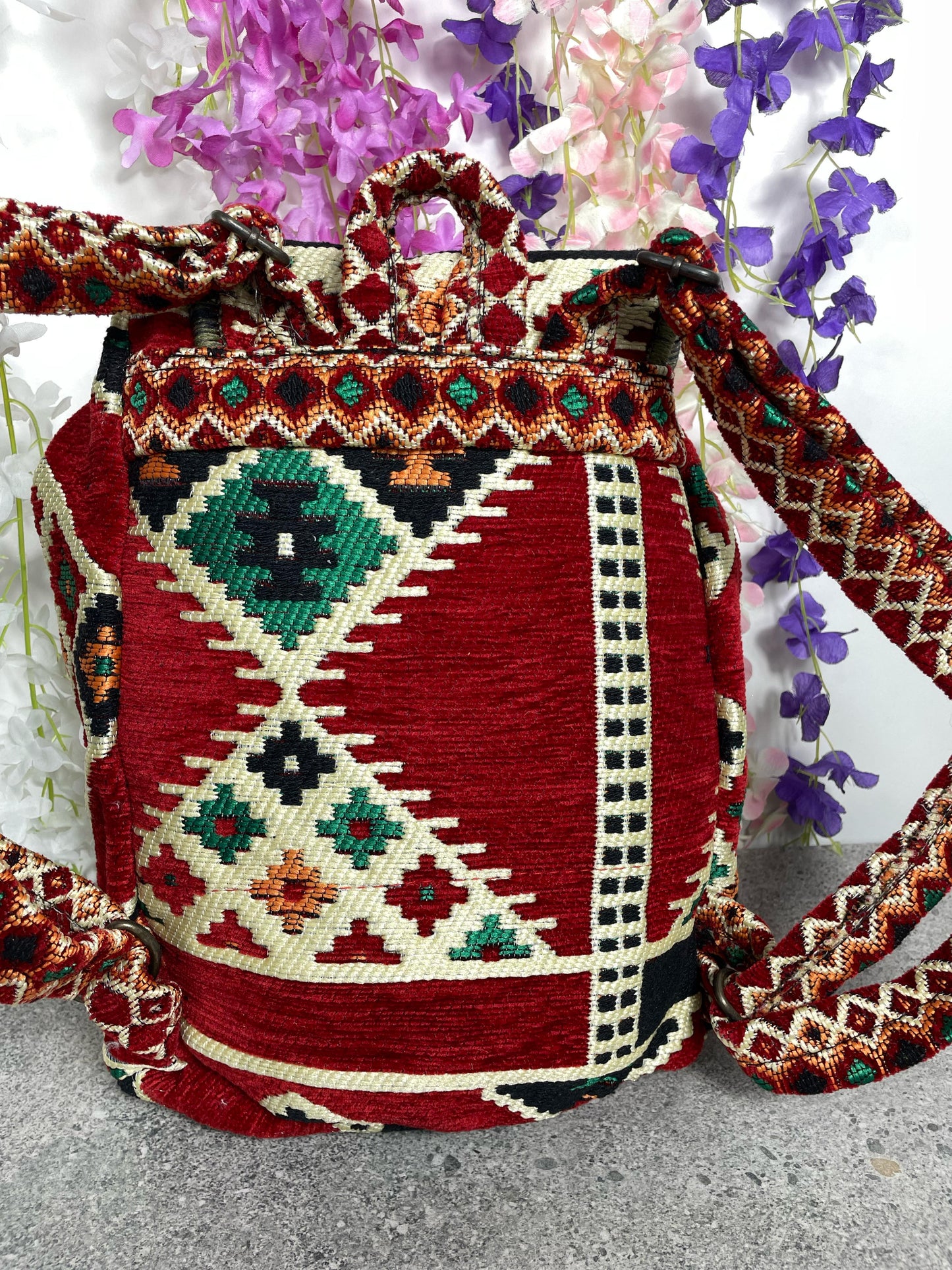 Kırmızı Etnik Dokuma Otantik Sırt Çantası