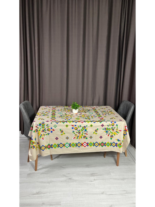 Yöresel Tokat Çiçek Desenli 170x170 Kare Masa Örtüsü - Krem