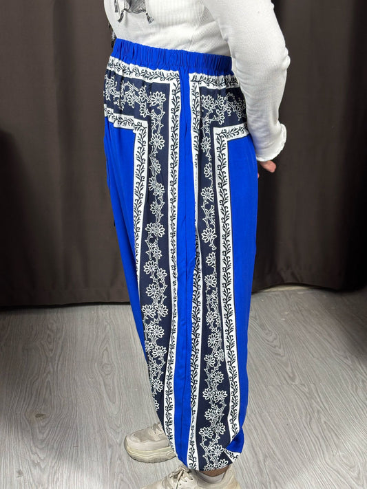Mavi Etnik Desenli Rahat Kesim Şalvar