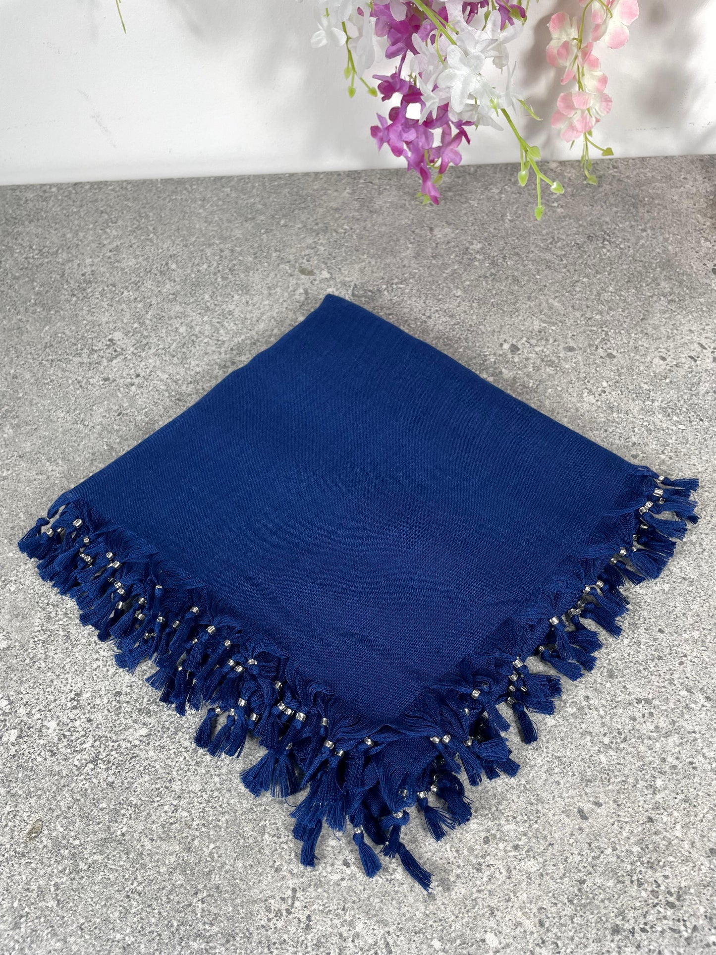 Püsküllü Pamuklu Yazma - Mavi