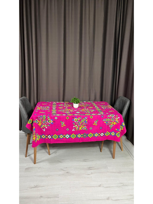 Etnik Desenli Kare Masa Örtüsü - Pembe