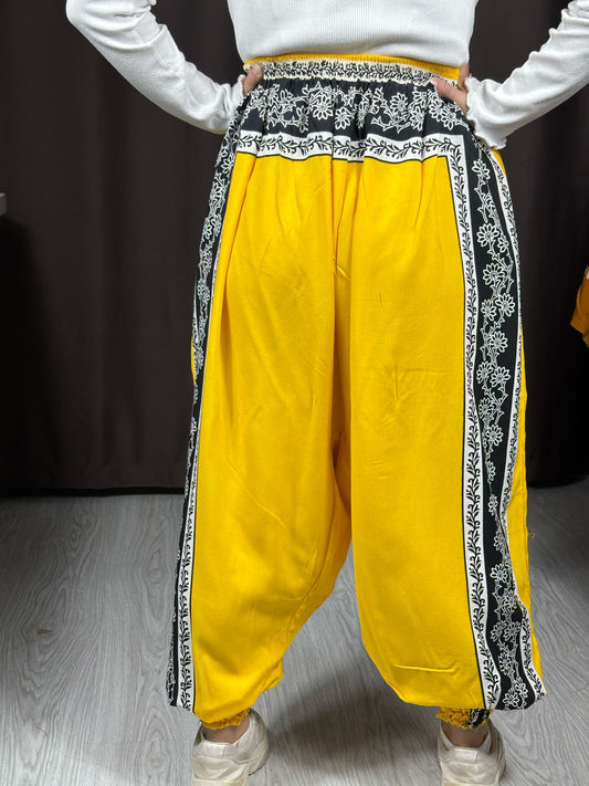 Etnik Desenli Rahat Kesim Şalvar - Sarı