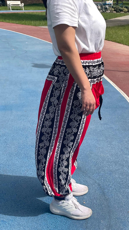 Etnik Desenli Rahat Kesim Şalvar - Kırmızı Cepli