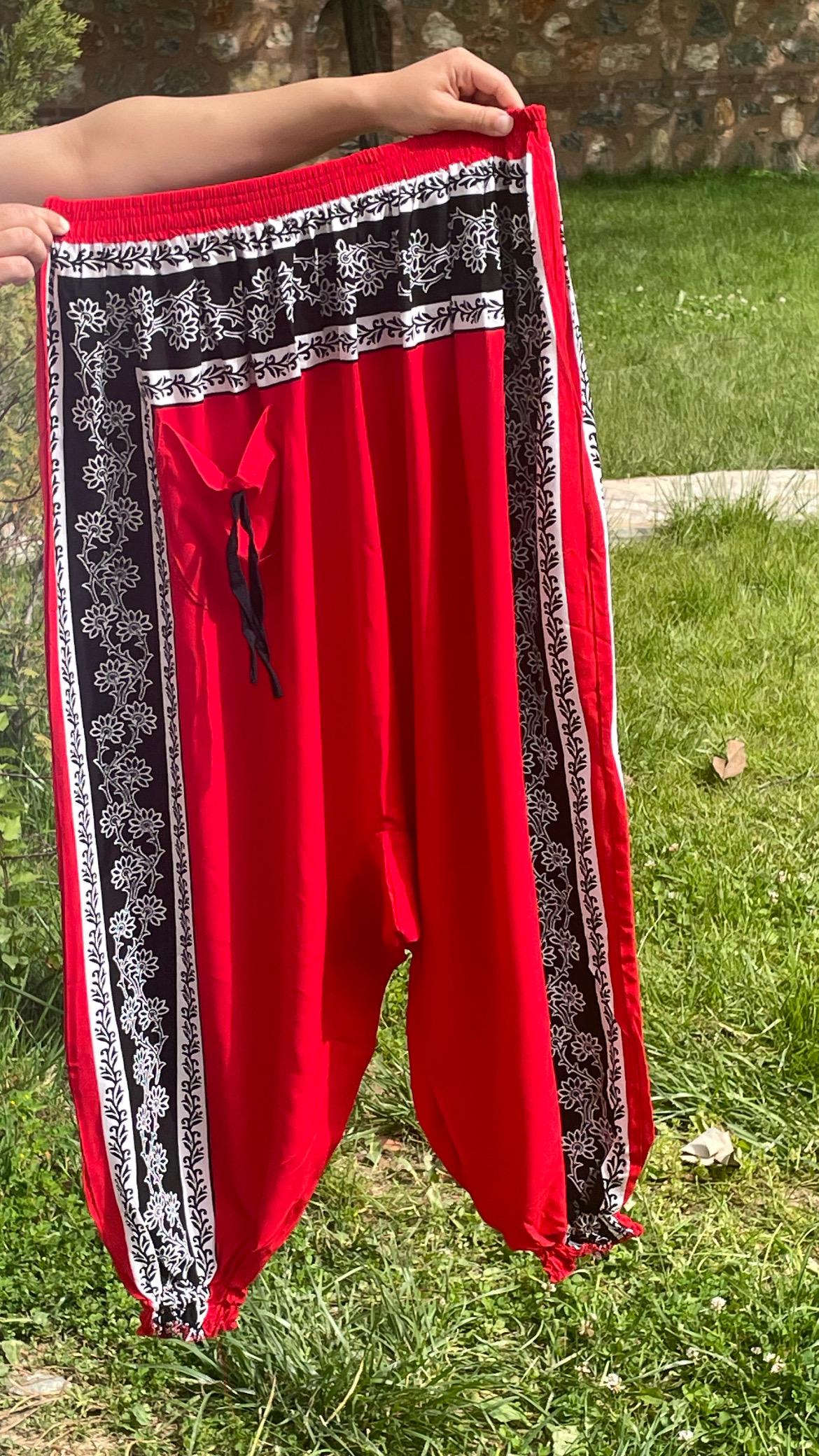Etnik Desenli Rahat Kesim Şalvar - Kırmızı Cepli