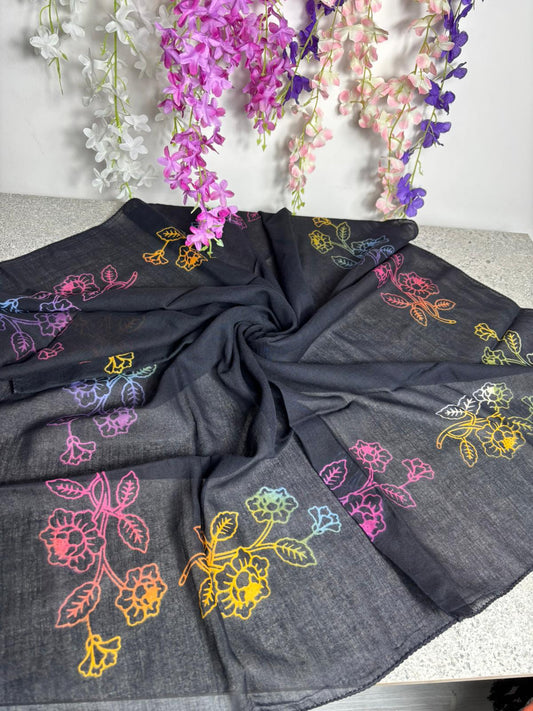 Siyah Zemin Renkli Çiçek Desenli Tülbent Yazma