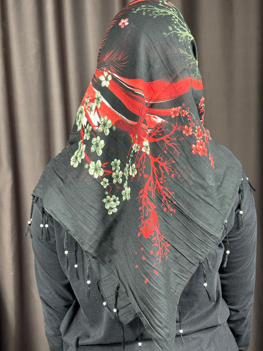 Siyah Kırmızı Çiçek Desenli Pamuklu Yazma