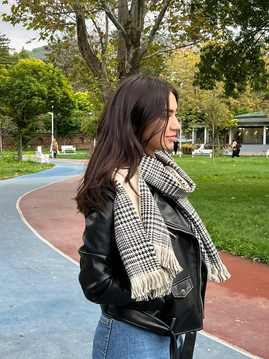 Kışlık Yünlü Çift Taraflı Ekose Şal - Krem