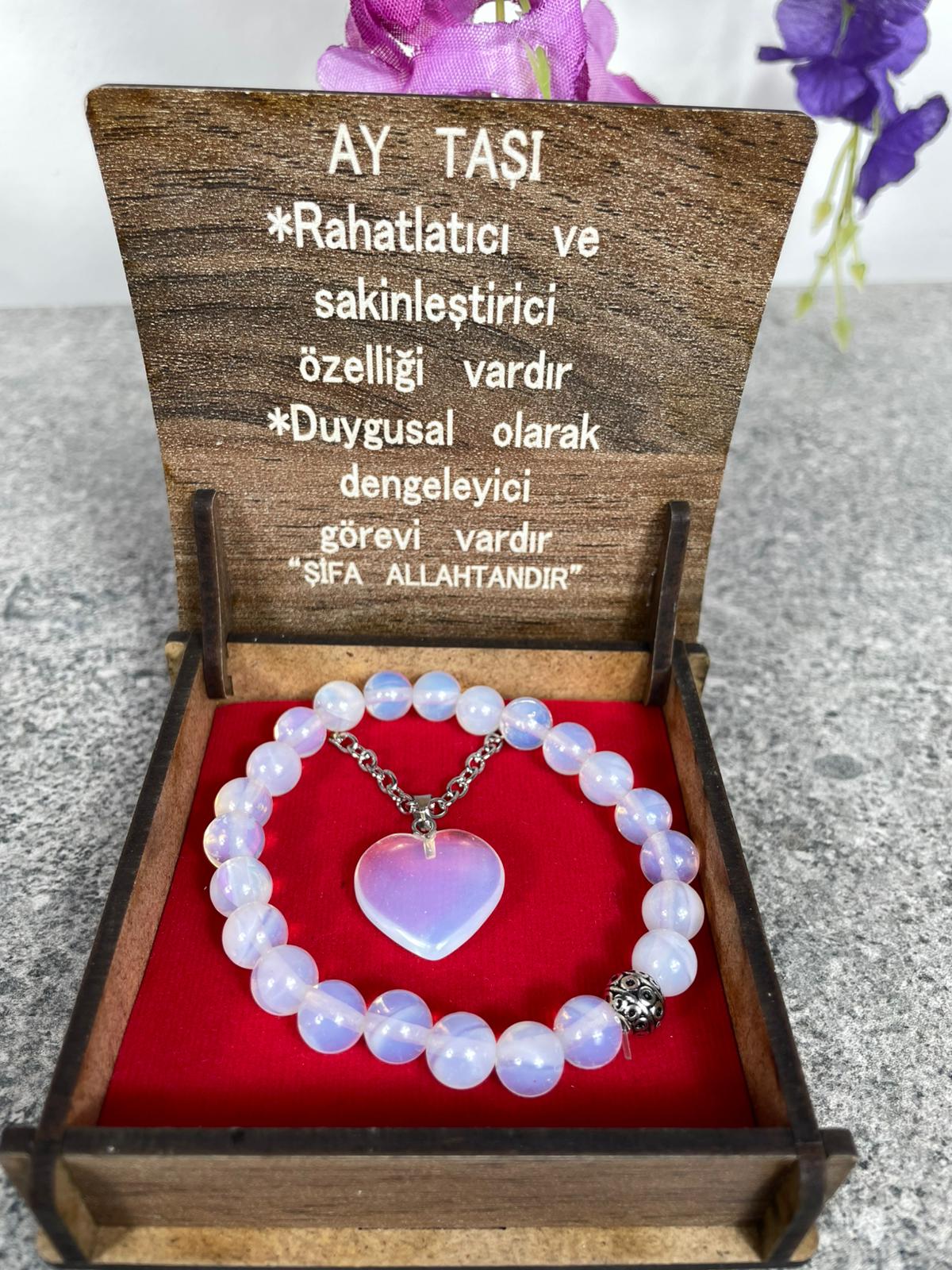 Ay Taşı Doğal Taş Kolye & Bileklik Seti - Özel Ahşap Kutulu