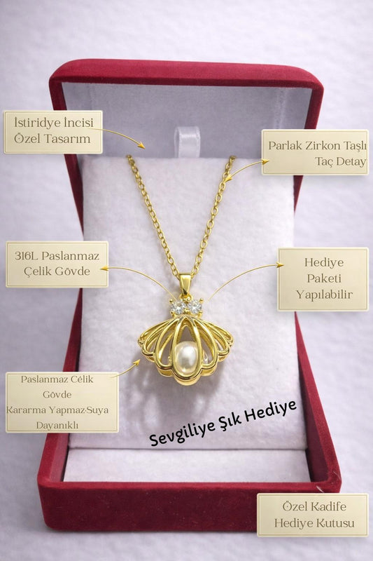 İstiridye Figürlü Kolye – Zirkon Taşlı, Kadife Kutulu Kadın Kolye