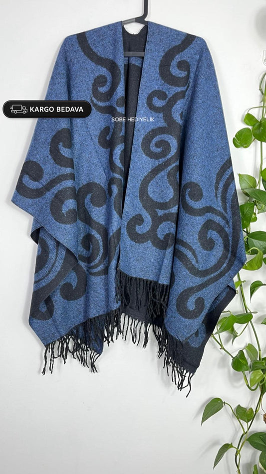 Mavi Çift Taraflı Yünlü Kadın Panço