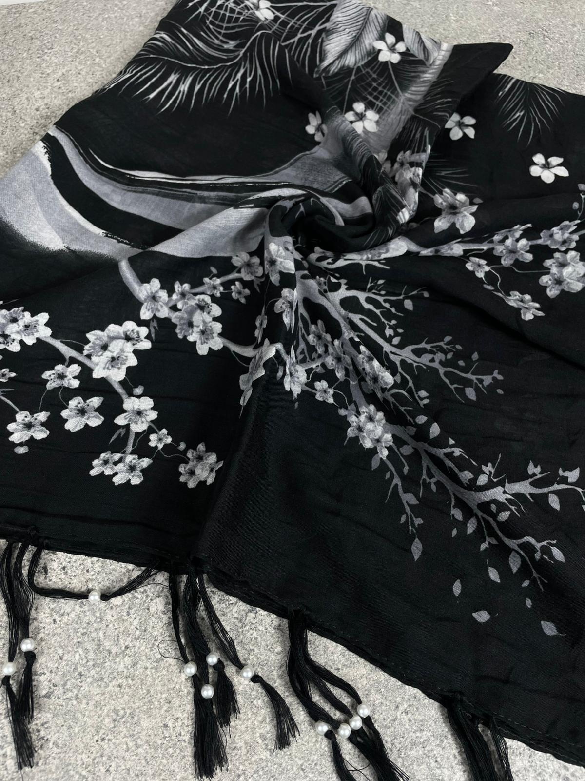 Siyah Gri Çiçek Desenli Pamuklu Yazma