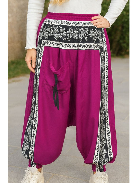Etnik Desenli Rahat Kesim Şalvar - Fuşya