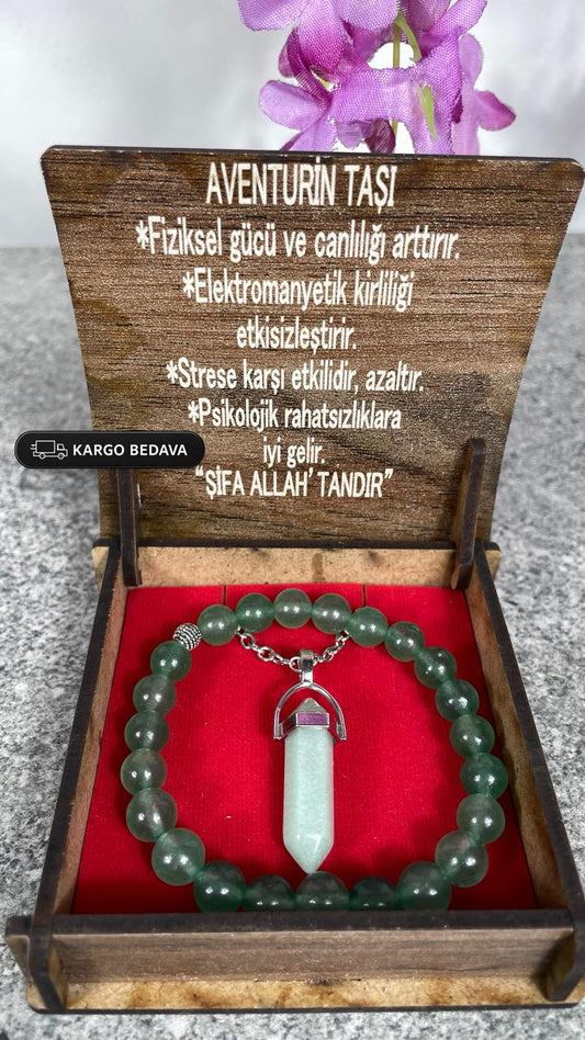 Aventurin Doğal Taş Kolye & Bileklik Seti – Özel Ahşap Kutulu