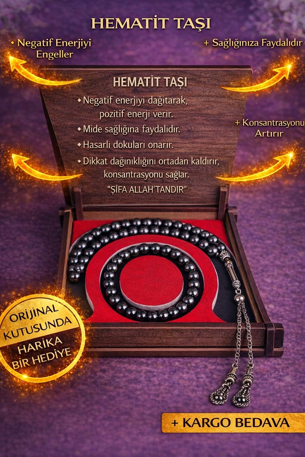 Hematit Taşı Tesbih & Bileklik Seti - Şık Ahşap Kutulu