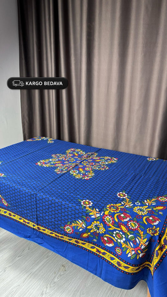 Etnik Desenli Mavi Kare Masa Örtüsü – Pamuklu 170×170 cm