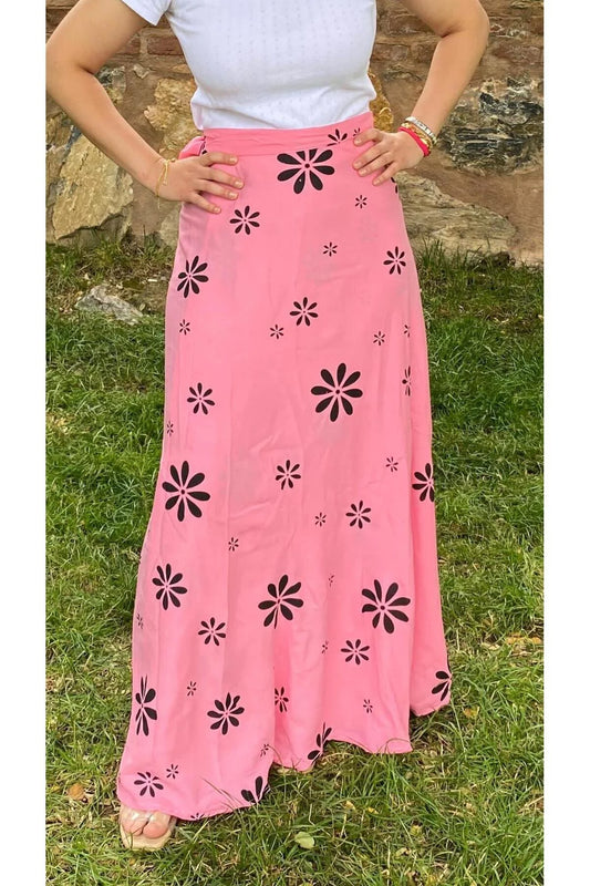 Pembe Çiçek Desenli Sarma Etek – 36-50 Beden Uyumlu