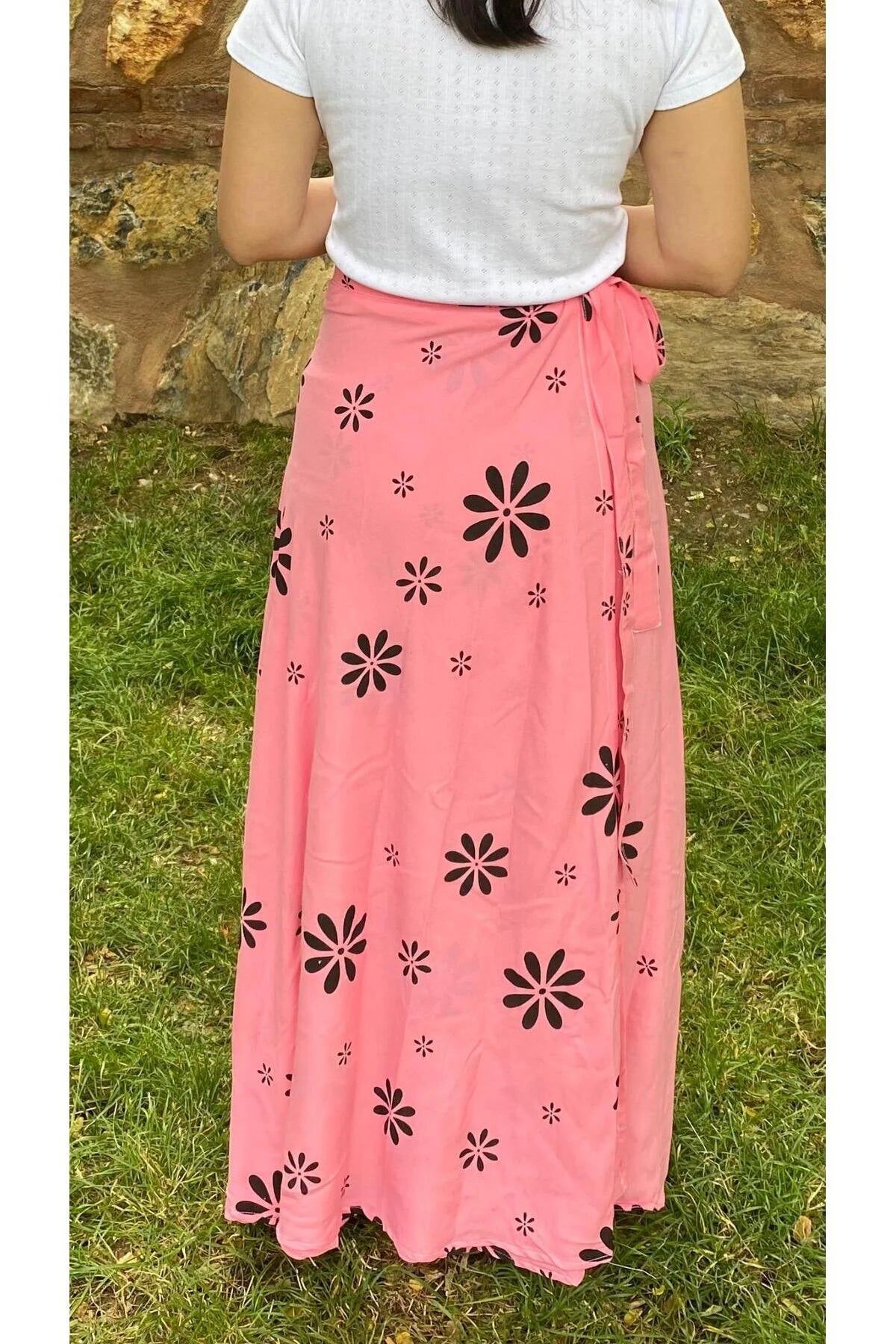 Pembe Çiçek Desenli Sarma Etek – 36-50 Beden Uyumlu