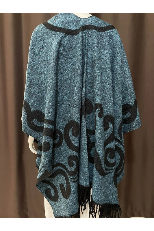 Turkuaz Çift Taraflı Yünlü Desenli Kadın Panço
